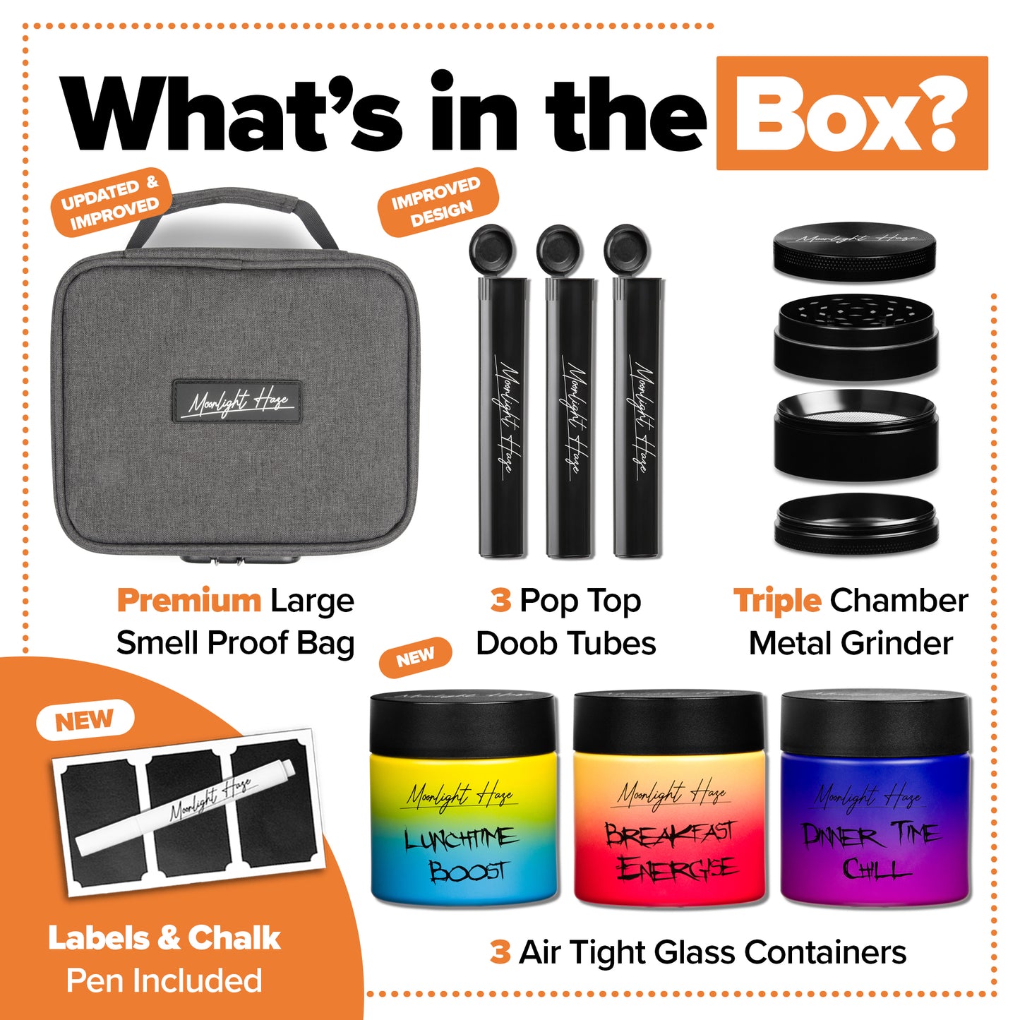 Smell Proof Bag with Medium (2") Grinder, 3x Stash Jars & 3x Doob Tubes