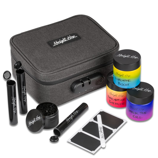 Smell Proof Bag with Medium (2") Grinder, 3x Stash Jars & 3x Doob Tubes