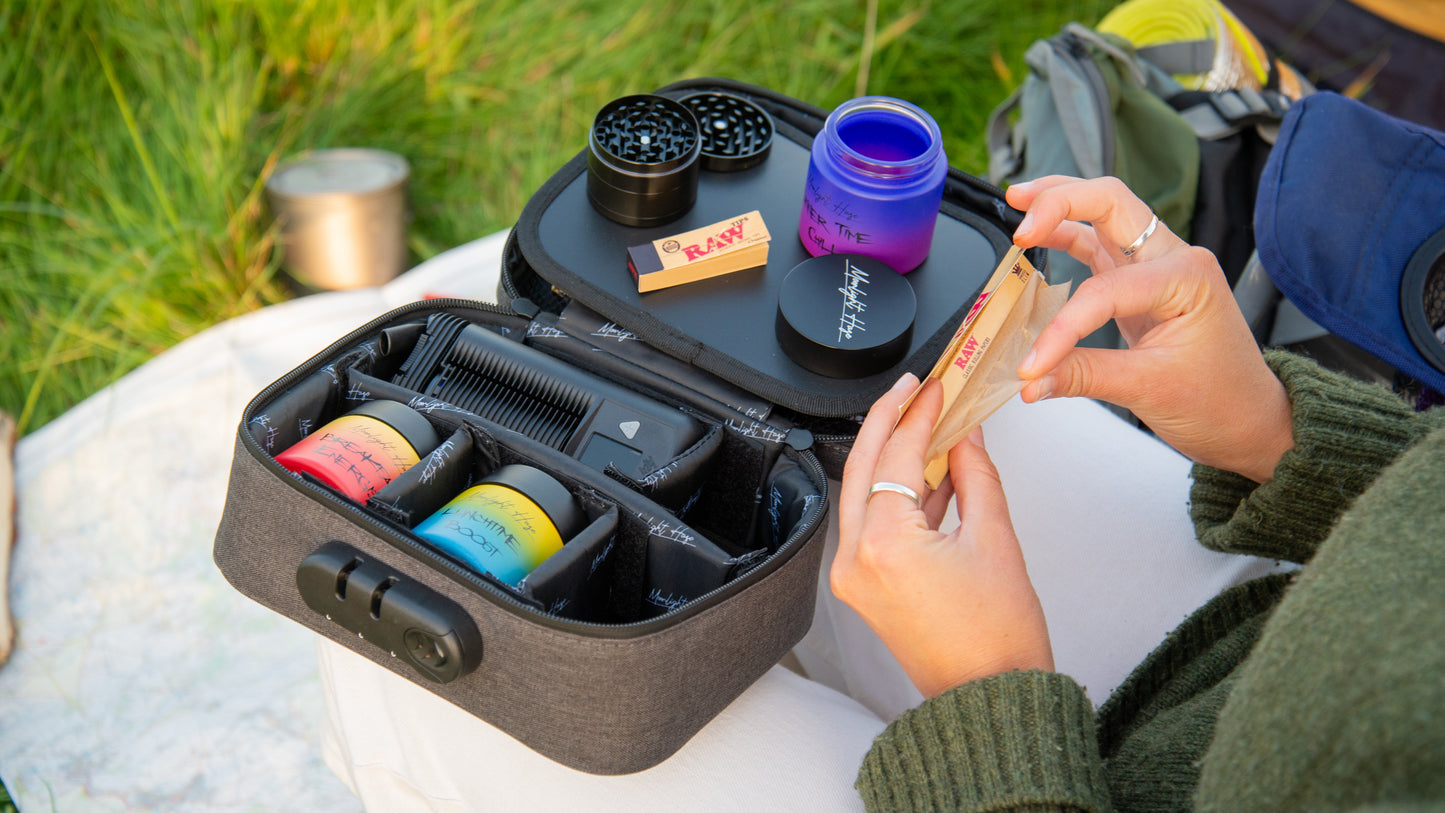 Smell Proof Bag with Medium (2") Grinder, 3x Stash Jars & 3x Doob Tubes